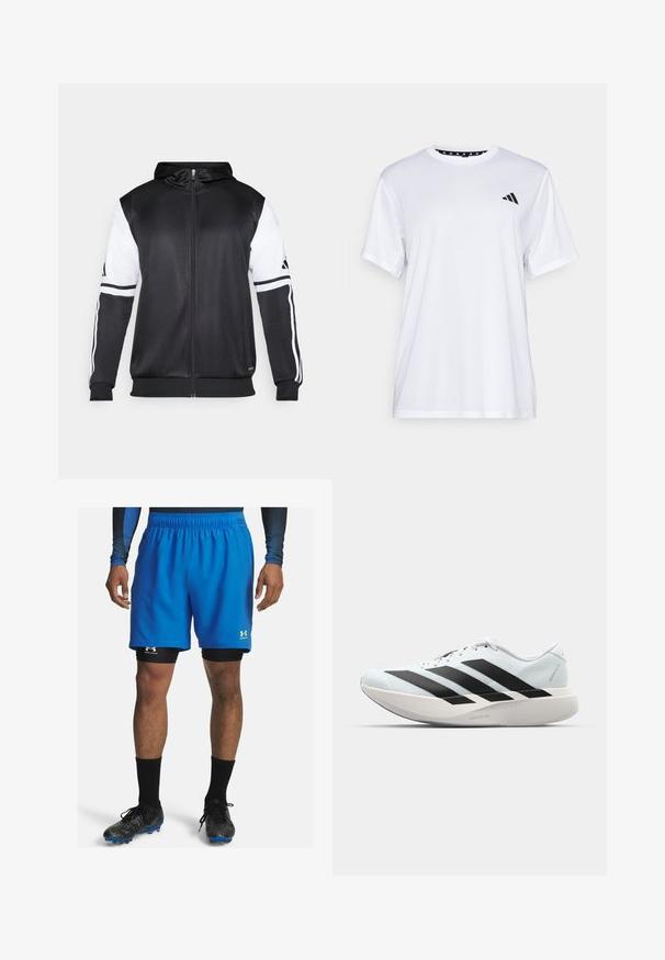 Černá mikina na zip s bílými rukávy a třemi bílými pruhy podél ramen. Vyrobena z hladkého, lehkého materiálu. Design mikiny je zahrnut.; Bílý sportovní tričko s krátkými rukávy, vyrobené z materiálu odvádějícího vlhkost. Na levé straně hrudi se nachází černé logo a vnitřní límec je vzorovaný.; Modré sportovní kraťasy s elastickým pasem, zdobené logy Under Armour. Nosené přes černé kompresní kraťasy a v kombinaci s černými fotbalovými kopačkami.; Lehké běžecké boty v světle modré barvě s černými pruhy. Mají hladký svršek, kulatou špičku a silnou bílou mezipodešev označenou "LIGHTSTRIKE PRO."