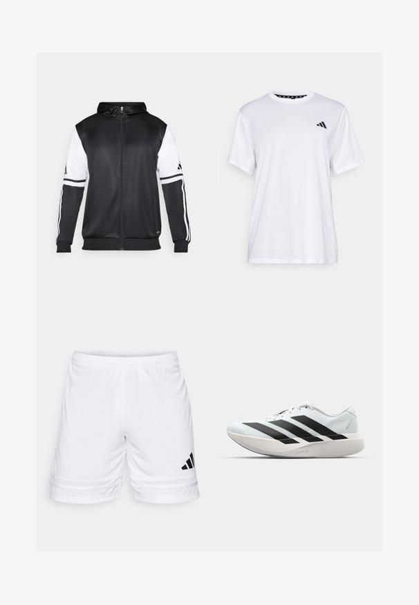 Črna zip-up kapuca z belimi rokavi in tremi belimi črtami ob rokavih. Narejena iz gladkega, lahkega materiala. Oblikovanje kapuce vključeno.; Bela športna majica s kratkimi rokavi, izdelana iz tkanine, ki odvaja vlago. Ima črn logotip na levem prsnem delu in vzorčasto notranjo vratno odprtino.; Bele športne kratke hlače z elastičnim pasom, z zaščitnim črnim logotipom s tremi črtami in teksturirano tkanino, odrezane tik nad kolenom.; Lahki tekaški čevlji v svetlo modri barvi z belimi črtami. Imajo gladek zgornji del, okroglo kapico in debel bel srednji podplat z označbo "LIGHTSTRIKE PRO."
