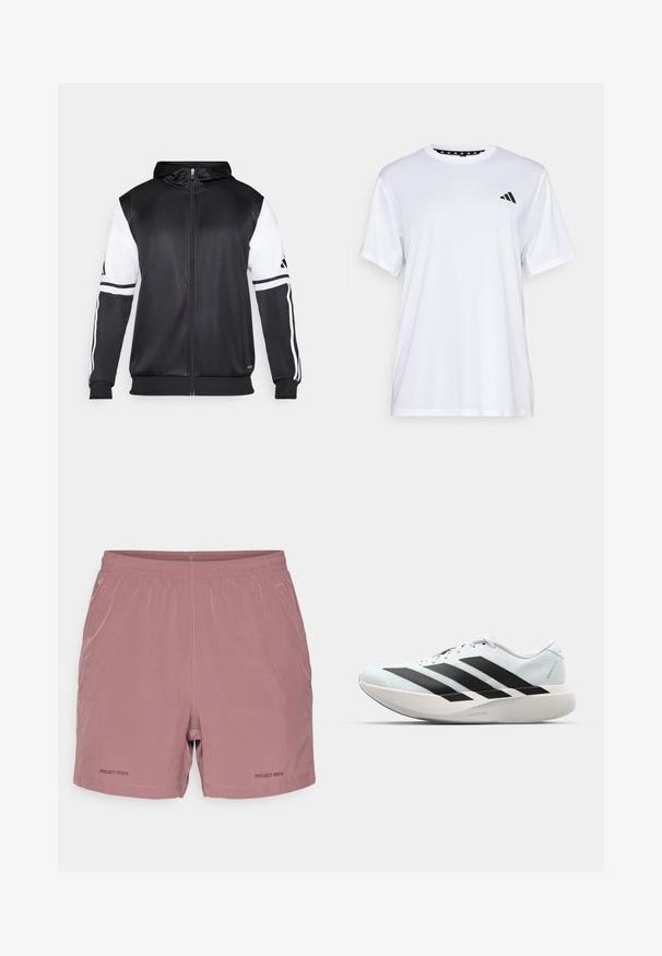 Sweatshirt preto com fecho, apresentando mangas brancas e três riscas brancas ao longo dos braços. Feito de um tecido suave e leve. Design do capuz incluído.; Camiseta atlética branca de mangas curtas, feita de tecido que absorve a humidade. Apresenta um logótipo preto no lado esquerdo do peito e um decote interior com padrão.; Calções de atletismo rosa claro com um cós elástico, detalhes de costura minimalistas e o logótipo "PROJECT ROCK" impresso no lado inferior esquerdo.; Tênis de corrida leves em azul pálido com riscas pretas. Apresentam um cabedal liso, bico redondo e uma entressola espessa branca rotulada como "LIGHTSTRIKE PRO."