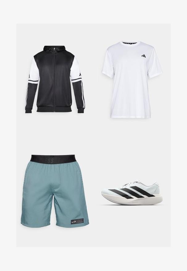 Svart zip-up hoodie med vita ärmar och tre vita ränder längs armarna. Tillverkad av ett mjukt och lätt tyg. Design av hoodie ingår.; Vit sporttopp med kort ärm, tillverkad av fukttransporterande tyg. Har en svart logotyp på vänster bröst och ett mönstrat inre halsringning.; Endless SHORT ACE ICONIC - Träningsshorts - cypress; Lätta löparskor i ljusblått med svarta ränder. Har en slät ovandel, rund tå och tjock vit mellansula märkt "LIGHTSTRIKE PRO."