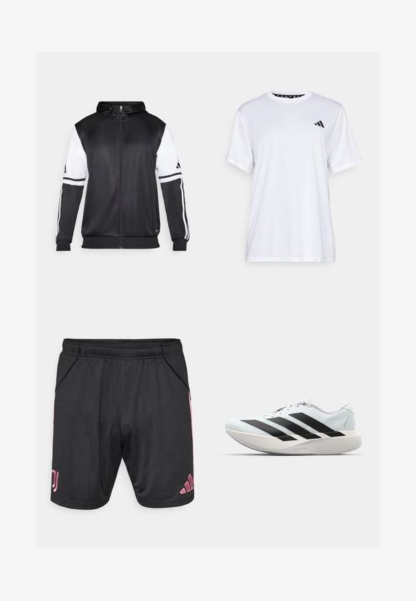 Hanorac negru cu fermoar, având mâneci albe și trei dungi albe pe brațe. Fabricat dintr-un material neted și ușor. Designul hanoracului este inclus.; Tricou sportiv alb cu mâneci scurte, fabricat dintr-un material care elimina umezeala. Are un logo negru pe pieptul stâng și o guler interiory cu un design patterned.; Pantaloni scurți sport negri cu accente roz, talie elastică, buzunare laterale și logo-ul Adidas. Confecționați dintr-un material ușor, neted.; Pantofi de alergare ușori în albastru deschis cu dungi negre. Au un superior neted, vârf rotund și o intermediară groasă albă etichetată "LIGHTSTRIKE PRO."