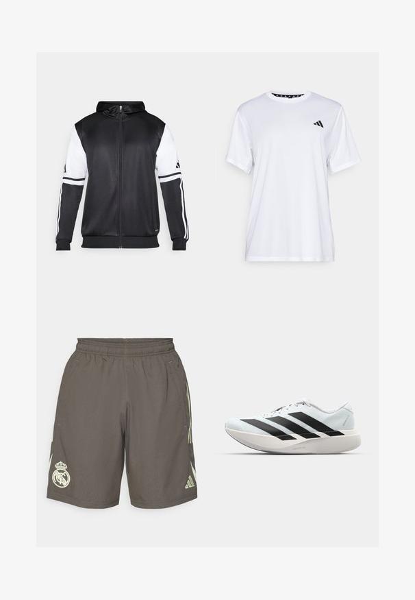 Sweatshirt preto com fecho, apresentando mangas brancas e três riscas brancas ao longo dos braços. Feito de um tecido suave e leve. Design do capuz incluído.; Camiseta atlética branca de mangas curtas, feita de tecido que absorve a humidade. Apresenta um logótipo preto no lado esquerdo do peito e um decote interior com padrão.; Calções atléticos cinzentos com um cós elástico, riscas laterais verde claro e um logotipo branco do Real Madrid na bainha esquerda.; Tênis de corrida leves em azul pálido com riscas pretas. Apresentam um cabedal liso, bico redondo e uma entressola espessa branca rotulada como "LIGHTSTRIKE PRO."