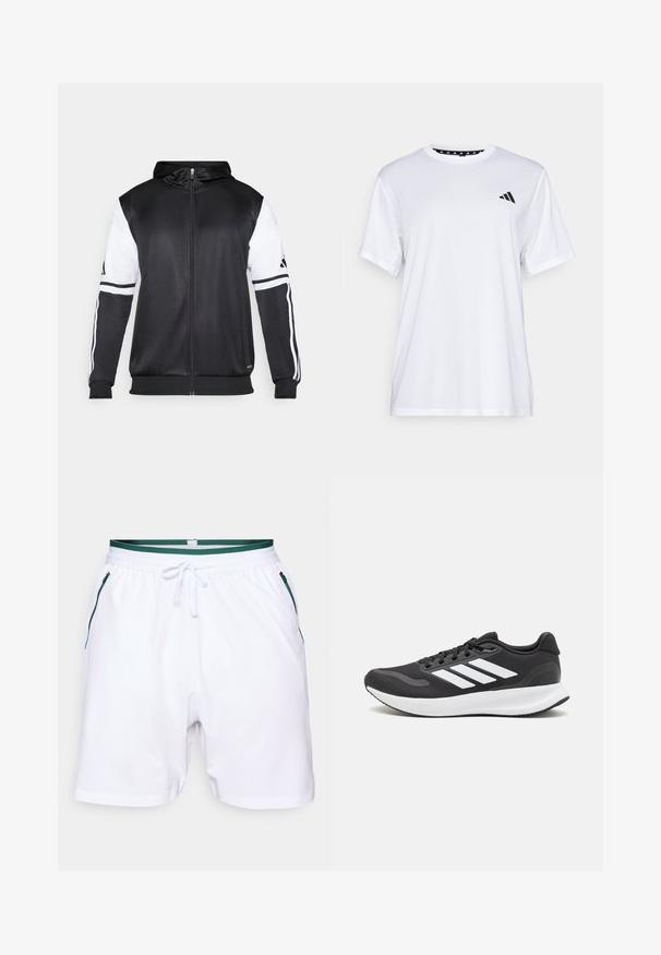 Μαύρη φούτερ με φερμουάρ που διαθέτει λευκά μανίκια και τρεις λευκές ρίγες κατά μήκος των χεριών. Φτιαγμένο από μαλακό, ελαφρύ ύφασμα. Περιλαμβάνει σχέδιο φούτερ.; Λευκό αθλητικό μπλουζάκι με κοντά μανίκια, κατασκευασμένο από ύφασμα που απορροφά την υγρασία. Διαθέτει μαύρο λογότυπο στην αριστερή πλευρά του στήθους και μοτίβο στη εσωτερική γραμμή του λαιμού.; Λευκά αθλητικά σορτς με πράσινη ριγωτή ζώνη, αντίθετες μπλε φερμουάρ τσέπες και λεία υφή. Σχέδιο κανονικής εφαρμογής.; Μαύρο αθλητικό παπούτσι με διαπνέον επάνω τμήμα από πλέγμα, λευκές λεπτομέρειες και μαλακή σόλα. Διαθέτει το λογότυπο με τις τρεις ρίγες στο πλάι.
