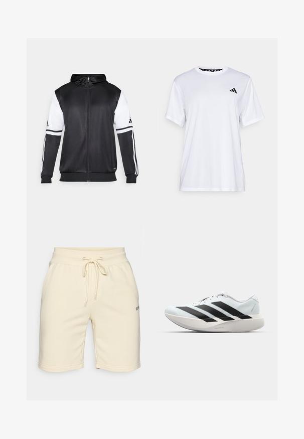 Must eltavõttega must kapuutsiga sviiter, millel on valged varrukad ja kolm valget triipu mööda käsi. Valmistatud siledast ja kergest kangast. Kapuutsi disain on kaasatud.; Valge sportlik T-särk lühikeste varrukatega, valmistatud niiskust eemaldavast kangast. Ees on must logo vasakul rinnal ja soe mustriline kaelaosa.; Kreemikad puuvillased lühikesed püksid elastse vöökoha, nööriga, küljetaskute ja väikese brodeeritud logoga vasakul serval.; Kerged jooksujalatsid helesinises värvuses mustade triipudega. Omavad siledat pealispinda, ümarat varvase osa ja paksu valget vahemõõtu, millel on silt "LIGHTSTRIKE PRO".