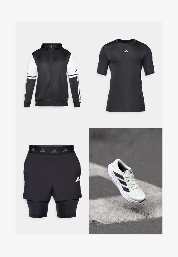 Schwarze Zip-Hoodie mit weißen Ärmeln und drei weißen Streifen entlang der Arme. Hergestellt aus einem glatten, leichten Stoff. Hoodie-Design enthalten.; Schwarzes, athletisches T-Shirt mit kurzen Ärmeln aus glattem, dehnbarem Stoff. Verfügt über ein weißes Logo auf der Brust und Flachnähte für zusätzlichen Komfort.; Schwarze Sportshorts mit einer Innenschicht. Texturierten Stoff auf den äußeren Shorts, mit einem gemusterten elastischen Taillenbund und einem Logo-Detail.; Weiße Sportschuh mit strukturiertem Mesh-Obermaterial, schwarzen Streifen, Schnürverschluss und gepolstertem Sohlen, schwebt über einer markierten Straßenoberfläche.