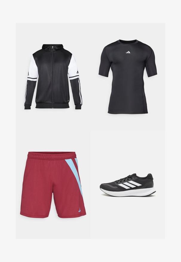 Čierna mikina s kapucňou na zips s bielymi rukávmi a tromi bielymi pruhmi pozdĺž rúk. Vyrobená z hladkej, ľahkej tkaniny. Design mikiny je zahrnutý.; Čierne športové tričko s krátkym rukávom vyrobené z hladkej, elastickej tkaniny. Obsahuje biely logo na hrudi a ploché švy pre pohodlie.; Bordové športové šortky s svetlomodrými bočnými pruhmi, elastickým pásom a hladkou textúrou, navrhnuté pre pohodlie a flexibilitu pri pohybe.; Čierna športová obuv s priedušným sieťovaným zvrškom, bielymi akcentmi a polstrovanou podrážkou. Na bočnej strane sa nachádza logo so tromi pruhmi.