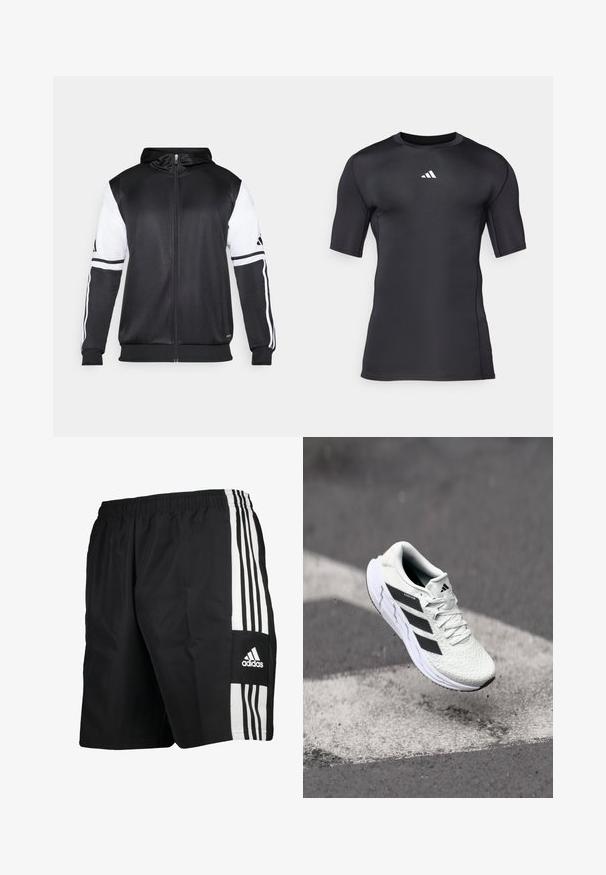 Black zip-up hoodie featuring white sleeves and three white stripes along the arms. Made from a smooth, lightweight fabric. Hoodie design included.; Black athletic short-sleeve shirt made of smooth, stretchable fabric. Features a white logo on the chest and flatlock seams for comfort.; Black athletic shorts with an elastic waistband, featuring three white vertical stripes on the side and the Adidas logo on the lower leg.; White athletic shoe with textured mesh upper, black stripes, lace closure, and a cushioned sole, levitating above a marked road surface.