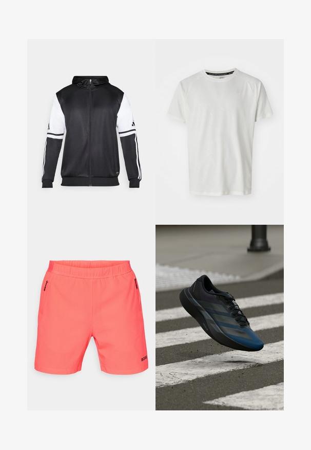 Juodas džinsinis užtrauktukas su baltais rankovėmis ir trimis baltais dryžiais ant rankų. Pagamintas iš lygaus, lengvo audinio. Džinsinio dizainas įtrauktas.; ASICS GAME - Paprasti marškinėliai - cream; Koralinės sportinės šortai su elastinga juostele, dviem šoninėmis kišenėmis su užtrauktuku, tekstūruotas audinys ir juodas "BORG" logotipas apatinėje dalyje.; Juodos ir mėlynos spalvų sportinė batus su aptakiu dizainu, tekstūruotu viršumi, kontrastingomis juostelėmis ir paminkštinta padu, kybantis virš šaligatvio.
