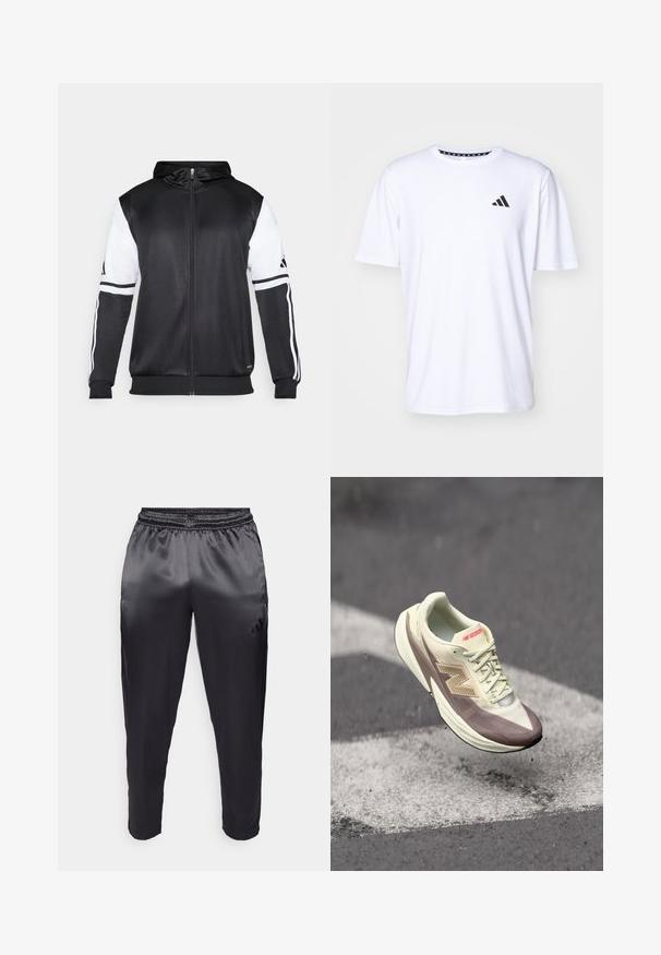Black zip-up hoodie featuring white sleeves and three white stripes along the arms. Made from a smooth, lightweight fabric. Hoodie design included.; White short-sleeve t-shirt made of fabric with a smooth texture. Features a black adidas logo on the left chest and a patterned collar.; Black athletic pants made of smooth, lightweight fabric with an elastic waistband. Features a small logo on the left side and tapered legs.; Lightweight athletic shoe with a cream upper and brown accents, featuring a textured surface, laces, and a prominent logo on the side.