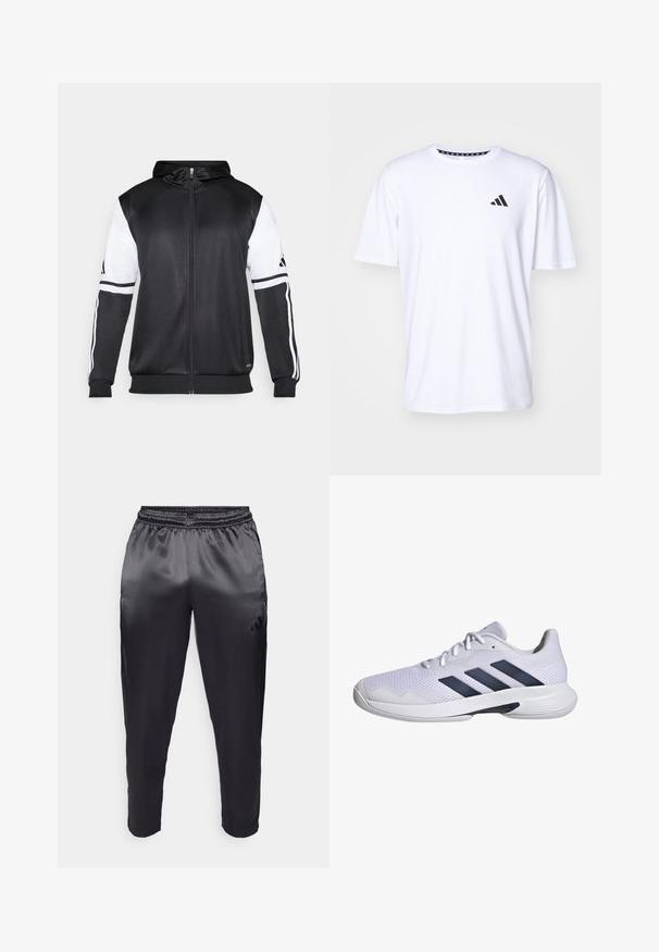 Černá mikina na zip s bílými rukávy a třemi bílými pruhy podél ramen. Vyrobena z hladkého, lehkého materiálu. Design mikiny je zahrnut.; Bílý tričko s krátkým rukávem vyrobené z látky s hladkou texturou. Na levé hrudi se nachází černé logo adidas a vzorovaný límeček.; Černé sportovní kalhoty z hladké, lehké látky s elastickým pasem. Obsahují malé logo na levé straně a zúžené nohavice.; Bílé sportovní tenisky s prodyšným síťovaným svrškem, námořnicky modrým třemi pruhy, texturovanou podrážkou a zaoblenou špičkou pro zvýšenou stabilitu.