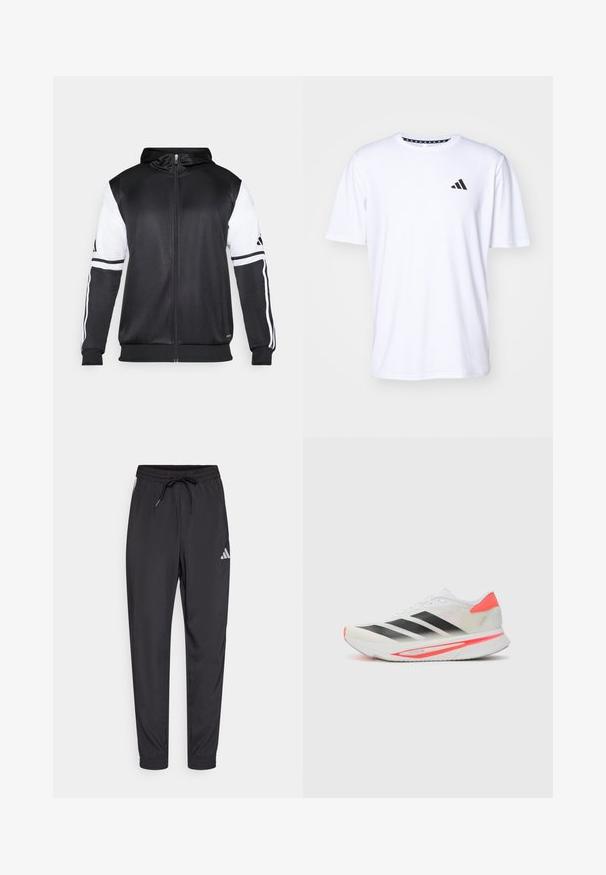 Schwarze Zip-Hoodie mit weißen Ärmeln und drei weißen Streifen entlang der Arme. Hergestellt aus einem glatten, leichten Stoff. Hoodie-Design enthalten.; Weißes T-Shirt mit kurzen Ärmeln aus glattem Stoff. Verfügt über ein schwarzes adidas-Logo auf der linken Brust und einen gemusterten Kragen.; Schwarze Sporthosen aus leichtem Material, mit einem elastischen Bund, Kordelzug und einem kleinen weißen Logo an der Seite.; Weißer Laufschuh mit schwarzen Streifen, geschwungenem Design, leichtem Mesh-Obermaterial, auffälliger Fersenschlaufe in leuchtendem Rot und dicker Sohle mit rosa Akzenten.