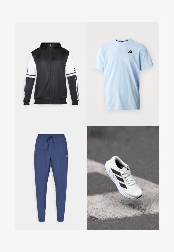 Juodas džinsinis užtrauktukas su baltais rankovėmis ir trimis baltais dryžiais ant rankų. Pagamintas iš lygaus, lengvo audinio. Džinsinio dizainas įtrauktas.; Šviesiai mėlyna medvilninė marškinė su trumpomis rankovėmis, apvaliu iškirpimu ir juodu logotipu ant krūtinės. Lygi tekstūra ir laisvas tinkavimas.; Tamsiai mėlynos sportinės kelnės su elastinga juosta, raišteliu ir siaurėjančiais rankogaliais. Yra šoninės kišenės ir mažas logotipas ant vienos kojos.; Balti sportiniai batai su tekstūruota tinkleliu viršuje, juodomis juostelėmis, su raištelių uždarymu ir paminkštintu padu, kabo virš pažymėtos kelio dangos.