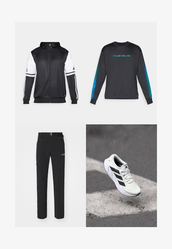 Juodas džinsinis užtrauktukas su baltais rankovėmis ir trimis baltais dryžiais ant rankų. Pagamintas iš lygaus, lengvo audinio. Džinsinio dizainas įtrauktas.; Ilga rankovė juoda marškinėliai su "SEKITE LINIJĄ" turkio spalvos. Su mėlynais gradientiniais akcentais ant rankovių ir apvalio kaklo dizainu.; Juodos lauko kelnės su lygiu audiniu, šoninėmis užtrauktukų kišenėmis, sustiprintomis kelnių dalimis ir reguliuojamu juosmeniu su sagtimi.; Balti sportiniai batai su tekstūruota tinkleliu viršuje, juodomis juostelėmis, su raištelių uždarymu ir paminkštintu padu, kabo virš pažymėtos kelio dangos.