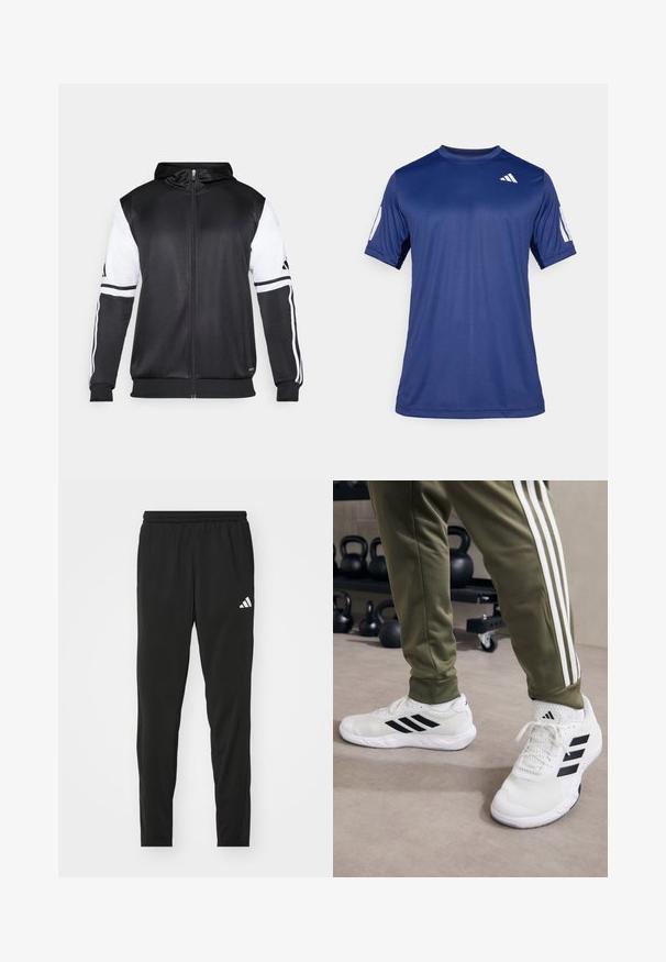 Svart hettegenser med glidelås som har hvite ermer og tre hvite striper langs armene. Laget av et glatt, lett stoff. Designet inkluderer hettegenseren.; Marineblå, kortermet treningstrøye laget av glatt stoff, med rund hals og en hvit logodetalj på øverste venstre bryst.; Svarte treningsbukser med elastisk midje, innsvingt design og hvit Adidas-logo på venstre lår. Glatt, lett stoff.; Hvite joggesko med svarte striper, mesh-struktur og polstret krage, kombinert med olivengrønne bukser med hvite side-striper.