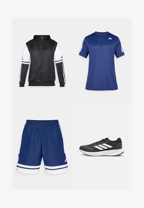 Juodas džinsinis užtrauktukas su baltais rankovėmis ir trimis baltais dryžiais ant rankų. Pagamintas iš lygaus, lengvo audinio. Džinsinio dizainas įtrauktas.; Tamsiai mėlyna trumpa rankovė sportinė marškinė, pagaminti iš lygios medžiagos, su apvalia iškirpte ir balto logo detale viršutiniame kairiajame krūtinės kampe.; Tamsi mėlynos sportinės šortai su elastinga juosmens juosta, baltais akcentais ir šoninėmis kišenėmis. Apykaklėje yra balti dryžiai. Pagaminti iš poliesterio.; Juodas sportinis batelis su orui pralaidžia mėgintuvėliu, baltomis akcentais ir paminkštintu padu. Šone yra trijų juostų logotipas.
