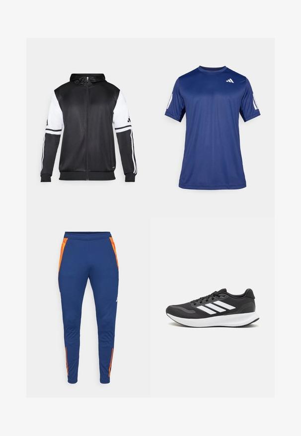 Zwarte zip-up hoodie met witte mouwen en drie witte strepen langs de armen. Gemaakt van een gladde, lichte stof. Inclusief ontwerp van de hoodie.; Navyblauw sportshirt met korte mouwen, gemaakt van een gladde stof, met een ronde hals en een wit logodetail op de bovenste linkerborst.; Marineblauwe sportbroek met oranje zijdetails, tapered fit, elastische tailleband en een gladde textuur. Inclusief subtiele merkvermelding op het been.; Zwart sportief schoen met ademend mesh bovenwerk, witte accenten en een gevoerde zool. Beschikt over een logo met drie strepen aan de zijkant.