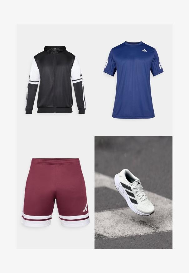 Svart hettegenser med glidelås som har hvite ermer og tre hvite striper langs armene. Laget av et glatt, lett stoff. Designet inkluderer hettegenseren.; Marineblå, kortermet treningstrøye laget av glatt stoff, med rund hals og en hvit logodetalj på øverste venstre bryst.; Burgunderfargede treningsshorts med hvite striper. Glatt tekstur, elastisk midje, har en logo detalj på den nedre siden.; Hvit sportsko med teksturert mesh-overdel, svarte striper, snøring og en polstret såle, svevende over en markert veidoverflate.
