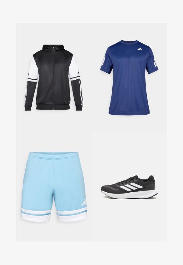 Melnā džemperis ar rāvējslēdzēju, ar baltām piedurknēm un trim baltām svītrām gar rokām. Izgatavots no gludas, vieglas auduma. Džempera dizains iekļauts.; Navy zila īsām piedurknēm sporta krekls, kas izgatavots no gludas auduma, ar apaļu kakla izgriezumu un baltu logotipa detaļu kreisajā augšējā krūtīs.; Gaiši zili sporta šorti ar elastīgu jostasvietu, ar baltām svītrām un akcentiem. Adidas logo baltā krāsā kreisajā pusē.; Melnas sporta kurpes ar elpojošu acs augšu, baltām akcentiem un mīkstu zoli. Sānā ir trīs svītru logo.