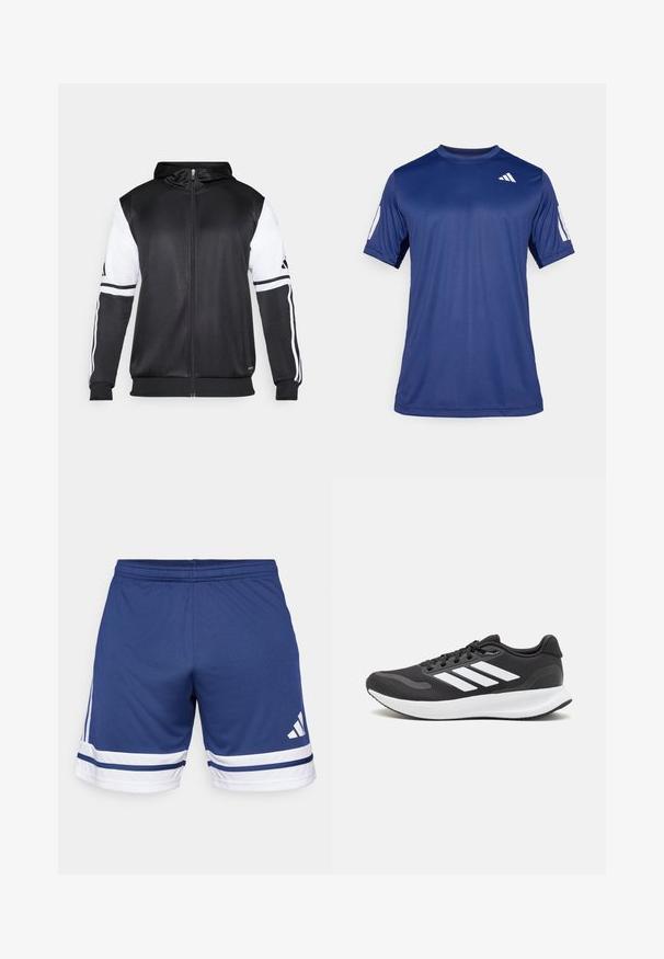 Must eltavõttega must kapuutsiga sviiter, millel on valged varrukad ja kolm valget triipu mööda käsi. Valmistatud siledast ja kergest kangast. Kapuutsi disain on kaasatud.; Tume sinine lühikeste varrukatega spordisärk, mis on valmistatud siledast kangast, ümmarguse kaelaauguga ja valge logoga vasakul ülemisel rinnaosal.; Tumesinine spordilühem, mis on valmistatud kergest materjalist, valgete ja siniste triipudega ääres ning elastse vöökoha kõrgusel.; Mustmust valmistatud õhulise võrgu ülemise osa, valgete aktsentidega ja pehme tallaga must sportlik king. Küljel on kolm triipu kujutav logo.