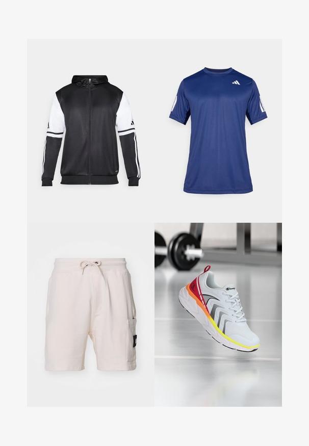 Czarna bluza z kapturem na zamek z białymi rękawami i trzema białymi paskami wzdłuż ramion. Wykonana z gładkiego, lekkiego materiału. Zawiera wzór bluzy z kapturem.; Granatowa koszulka sportowa z krótkim rękawem, wykonana z gładkiego materiału, z okrągłym dekoltem i białym logo na lewej górnej stronie klatki piersiowej.; Jasno beżowe bawełniane szorty z elastycznym pasem, sznurkiem, bocznymi kieszeniami i wyraźną czarną naszywką po boku.; Białe buty sportowe z siateczkową cholewką, kolorowe akcenty w czerwieni, pomarańczy i żółci, z teksturowaną podeszwą i czarnymi detalami.
