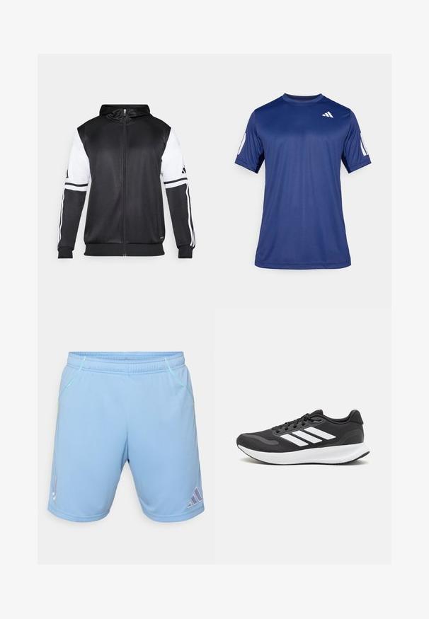 Svart hettegenser med glidelås som har hvite ermer og tre hvite striper langs armene. Laget av et glatt, lett stoff. Designet inkluderer hettegenseren.; Marineblå, kortermet treningstrøye laget av glatt stoff, med rund hals og en hvit logodetalj på øverste venstre bryst.; Lys blå treningsshorts laget av glatt stoff, med kontrastfarget gul søm og et Adidas-logo på den nedre siden.; Svarte sportsko med pustende mesh-overdel, hvite detaljer og en polstret såle. Har tre striper-logo på siden.