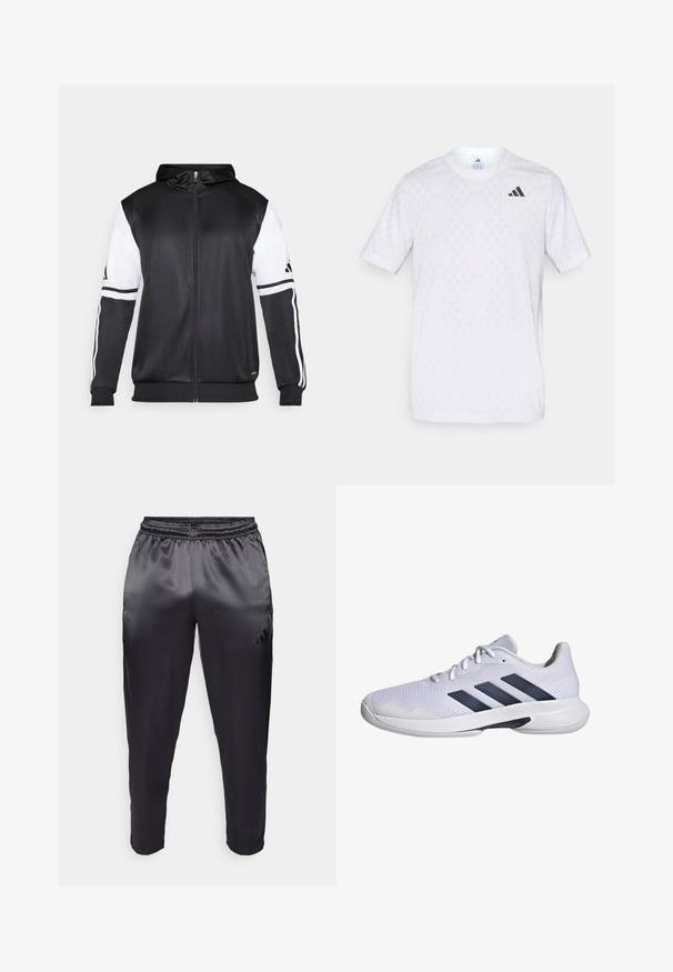 Čierna mikina s kapucňou na zips s bielymi rukávmi a tromi bielymi pruhmi pozdĺž rúk. Vyrobená z hladkej, ľahkej tkaniny. Design mikiny je zahrnutý.; Biele tričko s krátkym rukávom so jemným diamantovým vzorom, vyrobené z ľahkej tkaniny, s čiernym logom adidas na hrudi.; Čierne športové nohavice vyrobené z hladkej, ľahkej tkaniny s elastickým pásom. Na ľavej strane sa nachádza malé logo a nohavice sú zúžené na koncoch.; Biele športové topánky s priedušným sieťovaným zvrškom, námornícky modrý trojpruhový dizajn, textúrovaná podrážka a zaoblená špička pre väčšiu stabilitu.