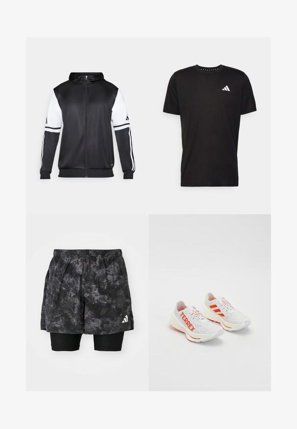 Juodas džinsinis užtrauktukas su baltais rankovėmis ir trimis baltais dryžiais ant rankų. Pagamintas iš lygaus, lengvo audinio. Džinsinio dizainas įtrauktas.; Juodas medvilnės marškinėliai trumpomis rankovėmis, su apvalia iškirpte ir balta logo kairiajame krūtinės šone. Lygus tekstūra ir paprastas dizainas.; Juodi sportiniai šortai su marmuro raštu ir vidinėmis suspaudimo kelnių. Turi elastingą liemenį ir mažą baltą logotipą šone.; Baltos sportinės bateliai su oranžiniais akcentais, su "TERREX" ženklinimu, tinkline viršutine dalimi, mėgstančiu pado ir tekstūruota guma.