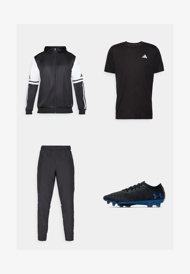 Svart hettegenser med glidelås som har hvite ermer og tre hvite striper langs armene. Laget av et glatt, lett stoff. Designet inkluderer hettegenseren.; Svart bomulls t-skjorte med korte ermer, rund hals og en hvit logo på venstre bryst. Glatt tekstur og enkelt design.; Svarte treningsbukser med elastisk midje, avsmalnende ben og hvite sideakenter. Laget av syntetisk materiale med en glatt tekstur.; Svart fotballsko med teksturert overdel, blå detaljer på sålen og logoen, samt svarte lisser. Designet for grep og støtte.