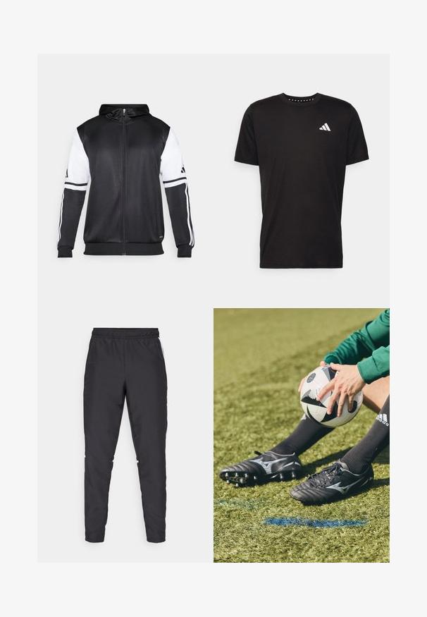 Must eltavõttega must kapuutsiga sviiter, millel on valged varrukad ja kolm valget triipu mööda käsi. Valmistatud siledast ja kergest kangast. Kapuutsi disain on kaasatud.; Must must ka t-särk lühikeste varrukatega, ümmarguse kaelusega ja valge logoga vasakul rinnal. Sile tekstuur ja lihtne disain.; Mustad mustusharjased püksid elastse vöökohtadega, kitsenevate jalgadega ja valgete külgaktsentidega. Valmistatud sünteetilisest materjalist, millel on sile tekstuur.; Mustad mustad jalatsid hallide aktsentide ja tekstureeritud pindadega, puhkavad rohelisel kunstmurul. Must-valge jalgpall hoitakse käes.