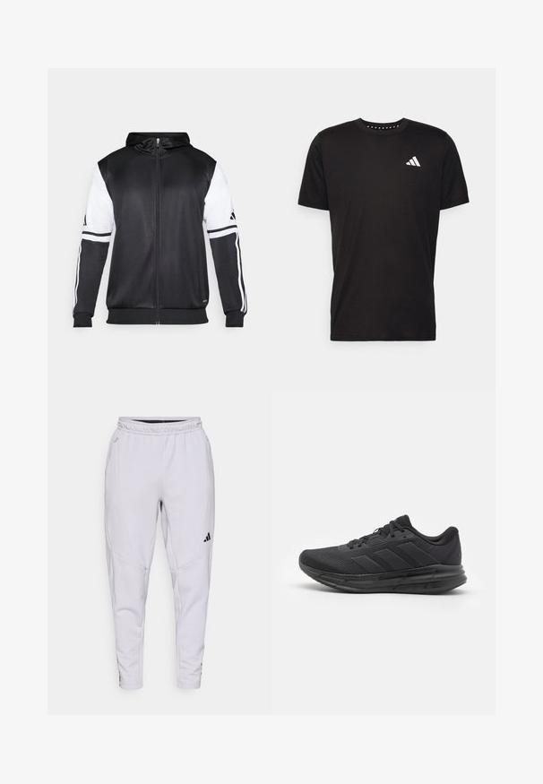 Μαύρη φούτερ με φερμουάρ που διαθέτει λευκά μανίκια και τρεις λευκές ρίγες κατά μήκος των χεριών. Φτιαγμένο από μαλακό, ελαφρύ ύφασμα. Περιλαμβάνει σχέδιο φούτερ.; Μαύρο βαμβακερό μπλουζάκι με κοντά μανίκια, στρογγυλή λαιμόκοψη και λευκό λογότυπο στην αριστερή πλευρά του στήθους. Λείο υλικό και απλός σχεδιασμός.; Ανοιχτό γκρι αθλητικά παντελόνια με ελαστική μέση, στενής γραμμής σχεδίαση, πλαϊνές τσέπες και μαύρες λεπτομέρειες με λογότυπο. Κατασκευασμένα από μαλακό, ελαστικό ύφασμα.; Μαύρο αθλητικό παπούτσι με πλέγμα επάνω, καουτσούκ σόλα, υφή σχεδίαση και λεπτομέρεια με τρεις ρίγες στο πλάι. Ενίσχυση από αφρώδες υλικό για άνεση.