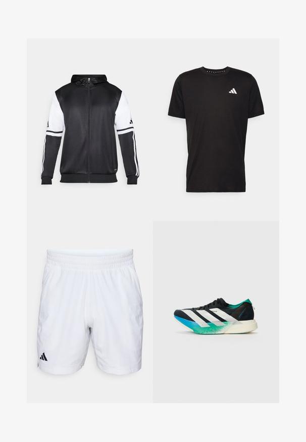Hanorac negru cu fermoar, având mâneci albe și trei dungi albe pe brațe. Fabricat dintr-un material neted și ușor. Designul hanoracului este inclus.; Tricou negru din bumbac, cu mâneci scurte, de tip crew neckline, cu un logo alb pe pieptul stâng. Textură netedă și design simplu.; Șorturi albe de sport cu talie elastică, realizate dintr-un material texturat și cu un logo negru Adidas în partea stângă jos.; Pantofii sport negri cu dungi albe, accente verzi teal și o talpă cu un gradient de la albastru la verde. Design ușor cu parte superioară texturată.