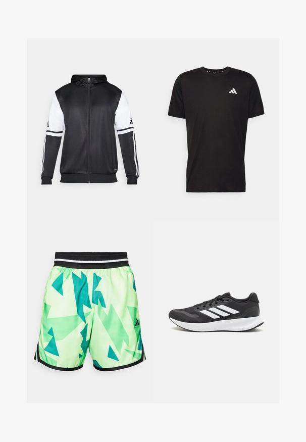 Sweatshirt preto com fecho, apresentando mangas brancas e três riscas brancas ao longo dos braços. Feito de um tecido suave e leve. Design do capuz incluído.; T-shirt de algodão preto com mangas curtas, decote redondo e um logo branco no lado esquerdo do peito. Textura suave e design simples.; Calções verde-lima com um padrão geométrico em teal, apresentando uma cintura elástica preta com riscas brancas e detalhes laterais pretos.; Shoe de atletismo preto com parte superior em malha respirável, detalhes brancos e sola almofadada. Apresenta o logotipo das três riscas na lateral.