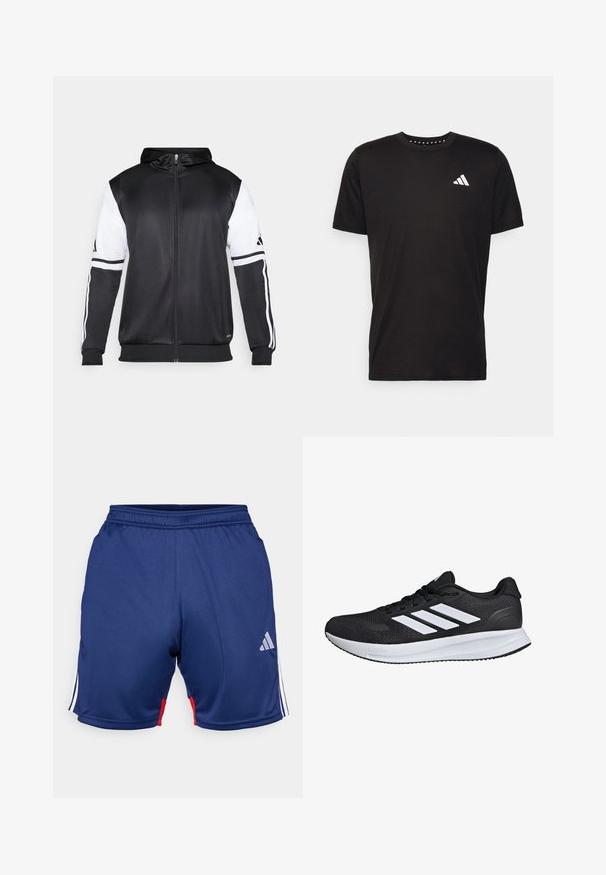 Černá mikina na zip s bílými rukávy a třemi bílými pruhy podél ramen. Vyrobena z hladkého, lehkého materiálu. Design mikiny je zahrnut.; Černé bavlněné tričko s krátkým rukávem, kulatým výstřihem a bílým logem na levé hrudi. Hladká textura a jednoduchý design.; Námořnické modré sportovní šortky s bílými a červenými akcenty, vybavené pružným pásem a logem Adidas na spodní straně. Hladká textilie.; Černá sportovní bota s bílými pruhy, síťovaným svrškem, polstrovanou podrážkou a texturovanými akcenty. Disponuje šněrovacím designem a logem značky na jazyku.
