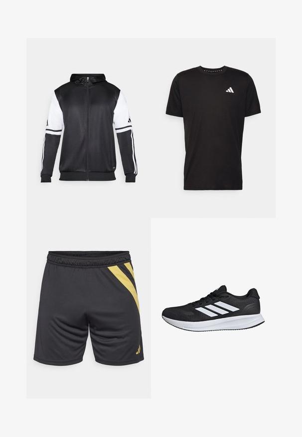 Svart zip-up hoodie med vita ärmar och tre vita ränder längs armarna. Tillverkad av ett mjukt och lätt tyg. Design av hoodie ingår.; Svart bomullströja med korta ärmar, rundad halsringning och en vit logotyp på vänster bröst. Slät textur och enkelt design.; Svarta träningsshorts med ett gult diagonalrandmönster, elastisk midja och slät yta, lämpliga för sport och träning.; Svart sportskor med vita ränder, nätöverdel, vadderad sula och texturerade detaljer. Har snörningsdesign och varumärkeslogotyp på plösen.