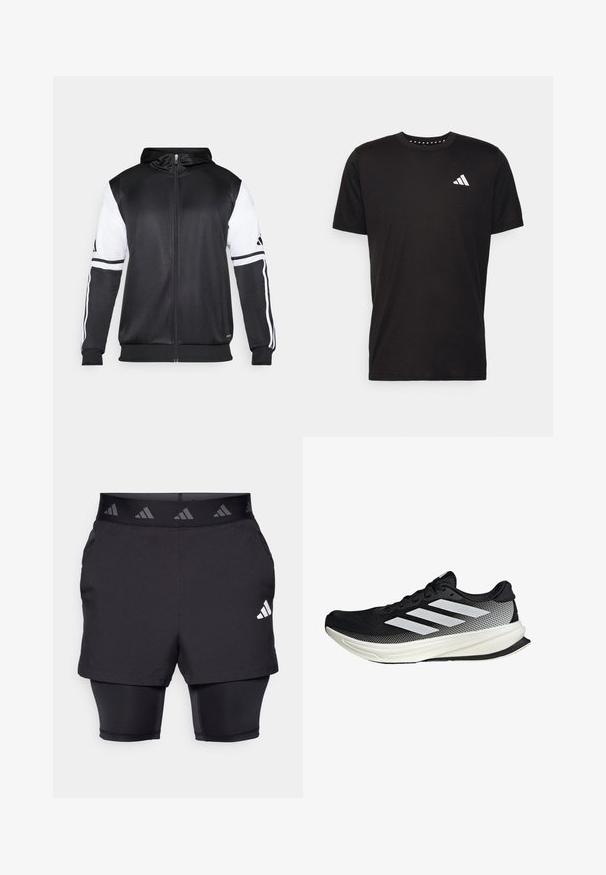 Schwarze Zip-Hoodie mit weißen Ärmeln und drei weißen Streifen entlang der Arme. Hergestellt aus einem glatten, leichten Stoff. Hoodie-Design enthalten.; Schwarzes Baumwoll-T-Shirt mit kurzen Ärmeln, Rundhalsausschnitt und einem weißen Logo auf der linken Brust. Glatte Textur und einfaches Design.; Schwarze Sportshorts mit einer Innenschicht. Texturierten Stoff auf den äußeren Shorts, mit einem gemusterten elastischen Taillenbund und einem Logo-Detail.; Schwarzer Sportschuh mit einem Mesh-Design, ausgestattet mit weißen Streifen, einer runden Zehenpartie und einer strukturierten Sohle für Grip und Unterstützung.