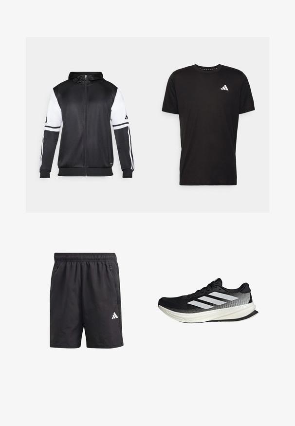 Černá mikina na zip s bílými rukávy a třemi bílými pruhy podél ramen. Vyrobena z hladkého, lehkého materiálu. Design mikiny je zahrnut.; Černé bavlněné tričko s krátkým rukávem, kulatým výstřihem a bílým logem na levé hrudi. Hladká textura a jednoduchý design.; Černé sportovní šortky s elastickým pasem, bočními zipovými kapsami a bílým logem na levé noze. Lehký, hladký materiál.; Černá sportovní boty s síťovaným designem, s bílými pruhy, zaoblenou špičkou a texturovanou podrážkou pro lepší přilnavost a oporu.
