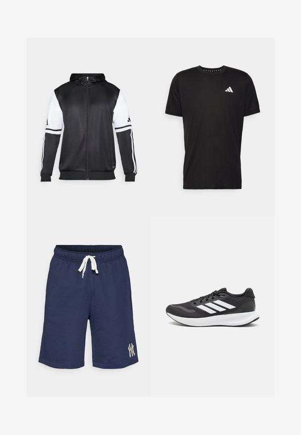 Must eltavõttega must kapuutsiga sviiter, millel on valged varrukad ja kolm valget triipu mööda käsi. Valmistatud siledast ja kergest kangast. Kapuutsi disain on kaasatud.; Must must ka t-särk lühikeste varrukatega, ümmarguse kaelusega ja valge logoga vasakul rinnal. Sile tekstuur ja lihtne disain.; Tumesinised kangast lühikesed püksid elastse vöökohtaga, valge nööriga ja tikitud logo detailiga alumisel vasakul küljel. Taskuid ei ole nähtaval.; Mustmust valmistatud õhulise võrgu ülemise osa, valgete aktsentidega ja pehme tallaga must sportlik king. Küljel on kolm triipu kujutav logo.