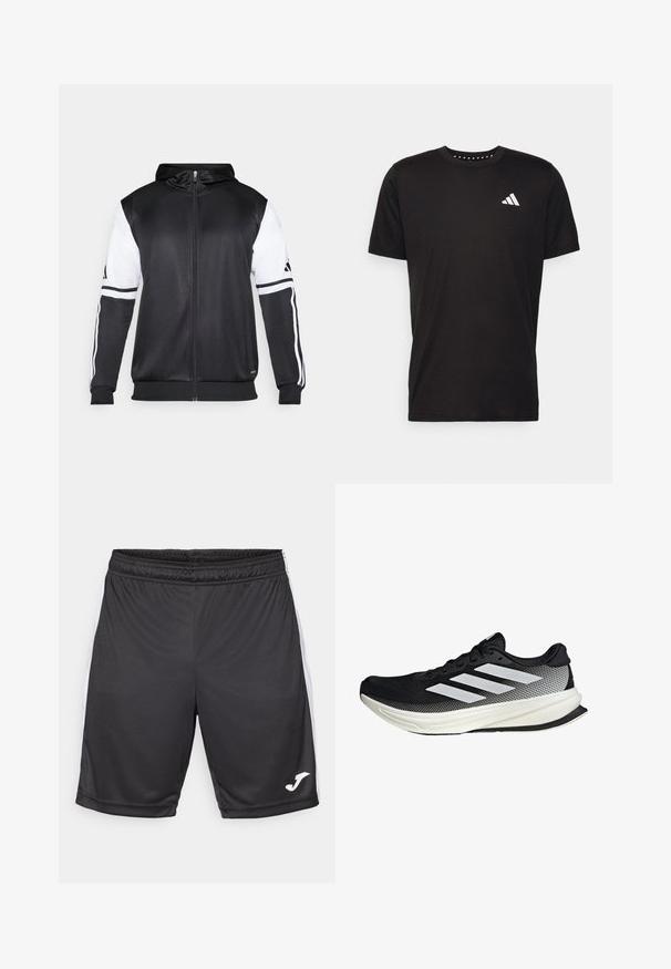 Mustapohjainen vetsaritakki, jossa on valkoiset hihnat ja kolme valkoista raitaa hihassa. Valmistettu sileästä, kevyestä kankaasta. Mukana hupparisuunnittelu.; Musta puuvillapaita lyhyillä hihoilla, pyöreä pääntie ja valkoinen logo vasemmassa rinnassa. Sujuva rakenne ja yksinkertainen muotoilu.; Mustat urheilushortsit, joissa on sileä pinta, valkoiset sivunauhat ja logo alahelman kohdalla. Mukava joustovyötärö.; Musta urheilukengä, jossa on verkkomaisia yksityiskohtia, valkoiset raidat, pyöristetty kärki ja pintakuvioitu pohja pidon ja tuen tarjoamiseksi.