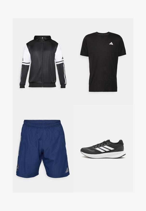 Svart hettegenser med glidelås som har hvite ermer og tre hvite striper langs armene. Laget av et glatt, lett stoff. Designet inkluderer hettegenseren.; Svart bomulls t-skjorte med korte ermer, rund hals og en hvit logo på venstre bryst. Glatt tekstur og enkelt design.; Marineblå trening shorts laget av lett stoff, med elastisk liv, sidelommer og Adidas-logo nederst til høyre.; Svarte sportsko med pustende mesh-overdel, hvite detaljer og en polstret såle. Har tre striper-logo på siden.