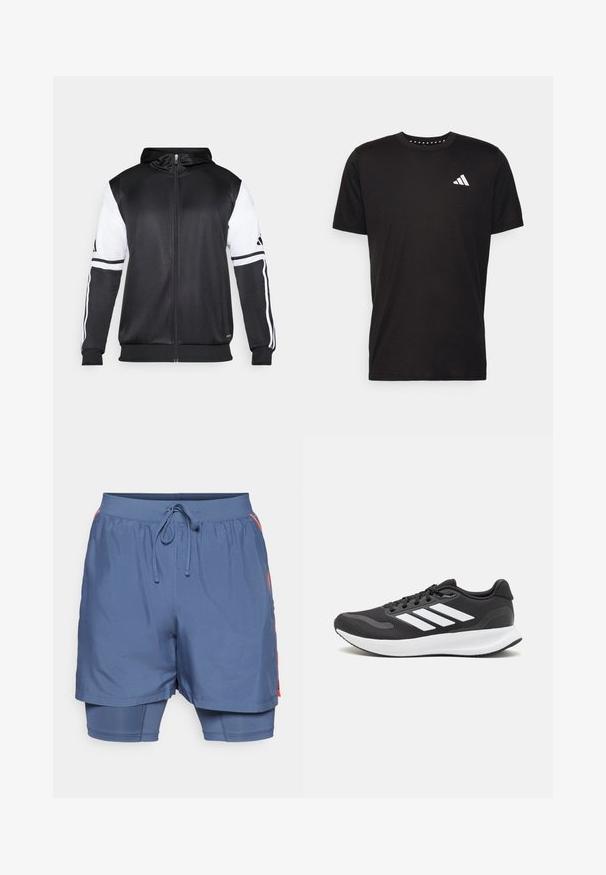 Črna zip-up kapuca z belimi rokavi in tremi belimi črtami ob rokavih. Narejena iz gladkega, lahkega materiala. Oblikovanje kapuce vključeno.; Črna bombažna majica s kratkimi rokavi, okroglim izrezom in belim logotipom na levem prsnem predelu. Gladka tekstura in preprost dizajn.; Modre atletske kratke hlače z elastičnim pasom in vrvico. Vključujejo notranji prilegajoči se sloj. Imajo oranžne poudarke na straneh.; Črne športne čevlje z zračnim mrežastim zgornjim delom, belimi akcenti in oblazinjeno podplatom. Imajo tri črte logo na strani.