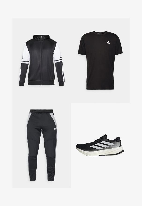 Crna dukserica s patentnim zatvaračem koja ima bijele rukave i tri bijele pruge duž ruku. Napravljena od glatkog, laganog materijala. Uključeni dizajn kapuljače.; Crna pamučna majica s kratkim rukavima, okruglim izrezom i bijelim logotipom na lijevoj strani prsnog koša. Glatka tekstura i jednostavan dizajn.; Crne atletske hlače napravljene od teksturiranog materijala, koje imaju sive bočne panele, elastičnu traku u struku i tri bijele ukrasne pruge sa strane.; Crna atletska cipela s mrežastim dizajnom, koja ima bijele pruge, zaobljeni vrh i teksturiranu potplate za prianjanje i potporu.