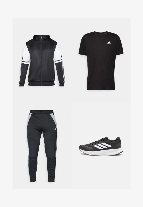 Sweatshirt preto com fecho, apresentando mangas brancas e três riscas brancas ao longo dos braços. Feito de um tecido suave e leve. Design do capuz incluído.; T-shirt de algodão preto com mangas curtas, decote redondo e um logo branco no lado esquerdo do peito. Textura suave e design simples.; Calças de treino pretas feitas de tecido texturizado, com painéis laterais cinzentos, cintura elástica e três riscas brancas de acento nas laterais.; Shoe de atletismo preto com parte superior em malha respirável, detalhes brancos e sola almofadada. Apresenta o logotipo das três riscas na lateral.