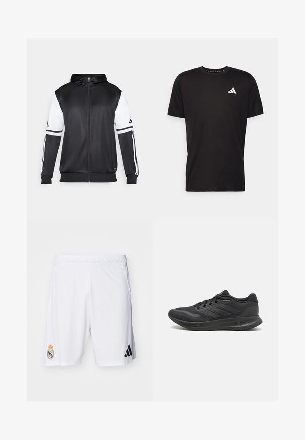 Sweatshirt preto com fecho, apresentando mangas brancas e três riscas brancas ao longo dos braços. Feito de um tecido suave e leve. Design do capuz incluído.; T-shirt de algodão preto com mangas curtas, decote redondo e um logo branco no lado esquerdo do peito. Textura suave e design simples.; Calções de desporto brancos feitos de tecido leve, com um logo preto da Adidas e um emblema bordado do Real Madrid na perna esquerda.; Tênis atléticos pretos com parte superior em malha, acabamentos em tecido suave, bico redondo, cadarços planos e sola de borracha texturizada para aderência.