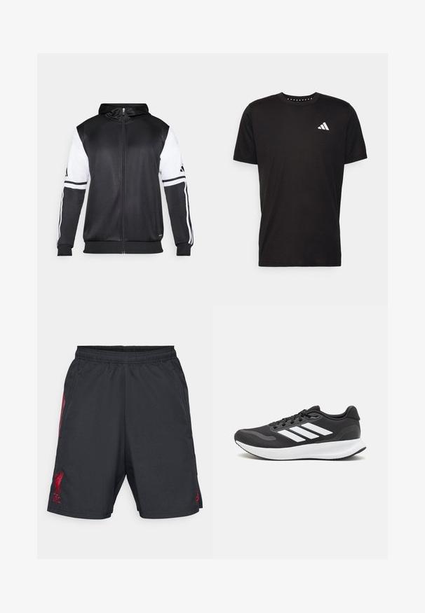 Mustapohjainen vetsaritakki, jossa on valkoiset hihnat ja kolme valkoista raitaa hihassa. Valmistettu sileästä, kevyestä kankaasta. Mukana hupparisuunnittelu.; Musta puuvillapaita lyhyillä hihoilla, pyöreä pääntie ja valkoinen logo vasemmassa rinnassa. Sujuva rakenne ja yksinkertainen muotoilu.; Mustat urheilushortsit, joissa on joustava vyötärö, punaisella Liverpool FC -logolla ja sivuviivoilla. Kevyt, sileä kangas, suora leikkaus.; Mustat urheilukengät hengittävällä verkkosella yläosalla, valkoisilla yksityiskohdilla ja pehmustetulla pohjalla. Sivussa on kolme raitaa -logo.