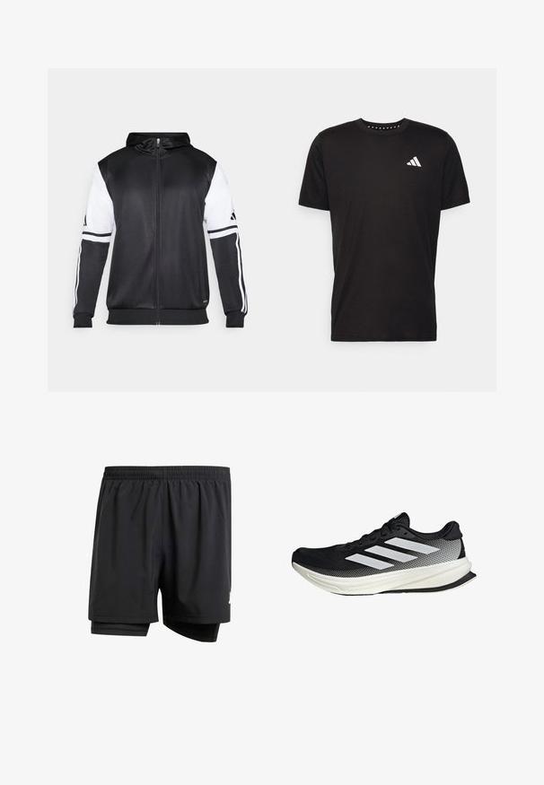 Svart zip-up hoodie med vita ärmar och tre vita ränder längs armarna. Tillverkad av ett mjukt och lätt tyg. Design av hoodie ingår.; Svart bomullströja med korta ärmar, rundad halsringning och en vit logotyp på vänster bröst. Slät textur och enkelt design.; Svarta idrottsshorts med elastisk midja, innertyg och en liten logodetalj på sidan. Lättviktsmaterial och en lös passform.; Svart atletisk sko med nätmönster, som har vita ränder, rund tå och en strukturerad sula för grepp och stöd.