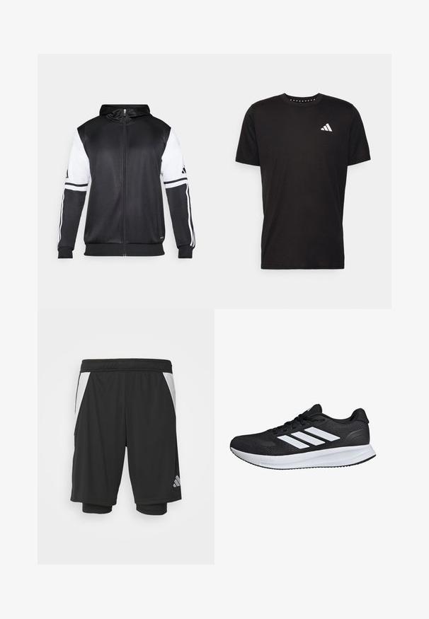 Black zip-up hoodie featuring white sleeves and three white stripes along the arms. Made from a smooth, lightweight fabric. Hoodie design included.; Black cotton t-shirt with short sleeves, crew neckline, and a white logo on the left chest. Smooth texture and simple design.; Black athletic shorts with a lightweight fabric, white side panels, elastic waistband, and a reflective logo detail on the bottom left.; Black athletic shoe with white stripes, mesh upper, cushioned sole, and textured accents. Features a lace-up design and brand logo on the tongue.