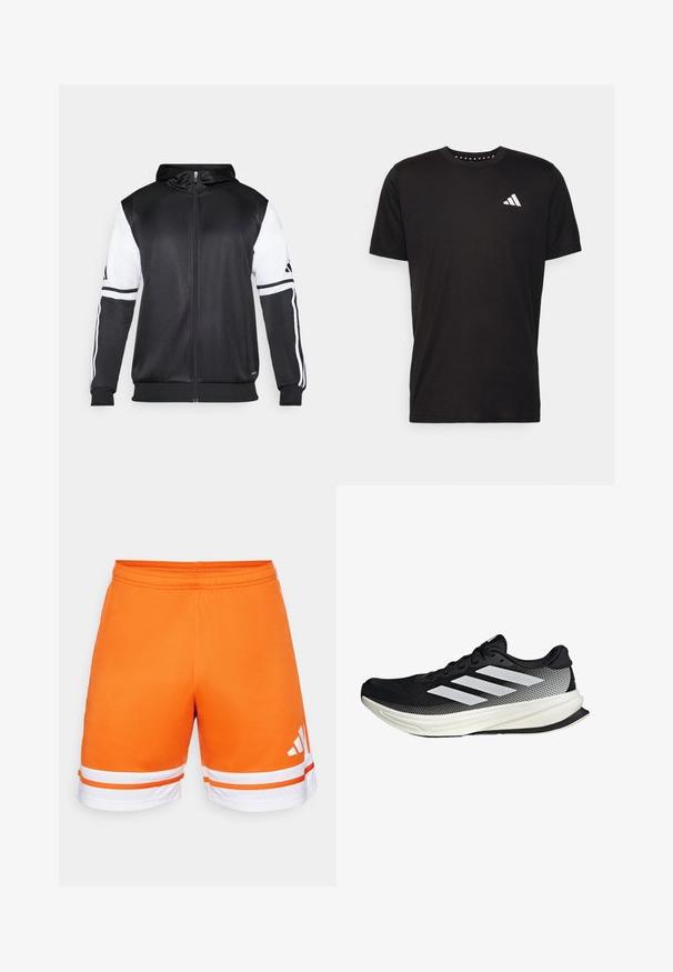 Black zip-up hoodie featuring white sleeves and three white stripes along the arms. Made from a smooth, lightweight fabric. Hoodie design included.; Black cotton t-shirt with short sleeves, crew neckline, and a white logo on the left chest. Smooth texture and simple design.; Orange athletic shorts featuring a smooth texture, elastic waistband, and white stripes at the hem. Three stripes logo in white on the side.; Black athletic shoe with a mesh design, featuring white stripes, a rounded toe, and a textured sole for grip and support.