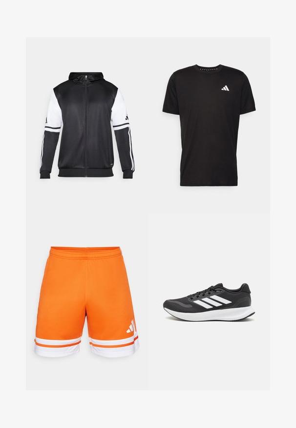Černá mikina na zip s bílými rukávy a třemi bílými pruhy podél ramen. Vyrobena z hladkého, lehkého materiálu. Design mikiny je zahrnut.; Černé bavlněné tričko s krátkým rukávem, kulatým výstřihem a bílým logem na levé hrudi. Hladká textura a jednoduchý design.; Oranžové sportovní šortky s hladkým povrchem, elastickým pasem a bílými pruhy na lemu. Bílé logo se třemi pruhy na boku.; Černá sportovní obuv s prodyšným síťovaným svrškem, bílými akcenty a polstrovanou podrážkou. Na boku se nachází logo se třemi pruhy.