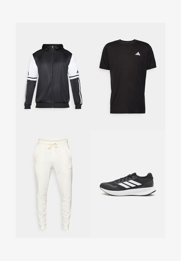 Crna dukserica s patentnim zatvaračem koja ima bijele rukave i tri bijele pruge duž ruku. Napravljena od glatkog, laganog materijala. Uključeni dizajn kapuljače.; Crna pamučna majica s kratkim rukavima, okruglim izrezom i bijelim logotipom na lijevoj strani prsnog koša. Glatka tekstura i jednostavan dizajn.; Bijele trenirke od mekog materijala, s elastičnom trakom za pojas i špagom, bočnim džepovima i rebrastim manžetama.; Crne atletske tenisice s prozračnom mrežicom na gornjem dijelu, bijelim akcentima i mekanim potplatom. Imaju logo s tri pruge sa strane.