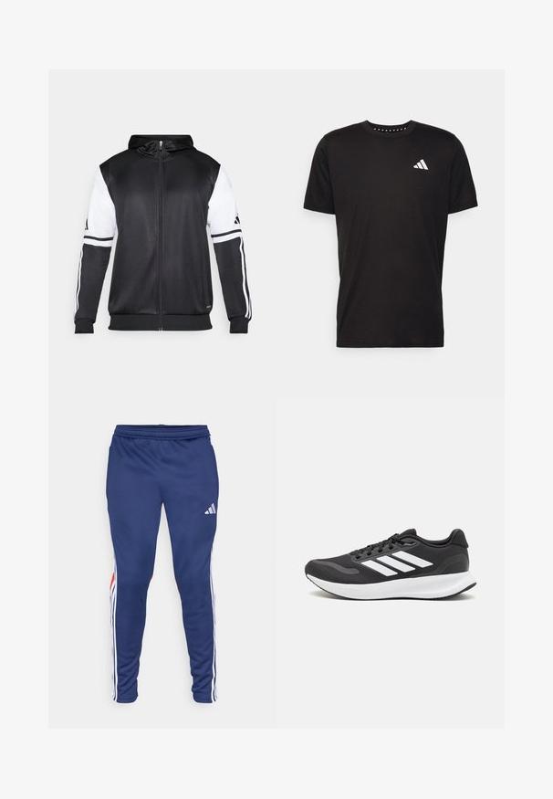 Svart hettegenser med glidelås som har hvite ermer og tre hvite striper langs armene. Laget av et glatt, lett stoff. Designet inkluderer hettegenseren.; Svart bomulls t-skjorte med korte ermer, rund hals og en hvit logo på venstre bryst. Glatt tekstur og enkelt design.; Marine blå treningsbukser med hvite sidestreker og røde detaljer. Laget av glatt stoff med elastisk midjebånd for komfort. Har Adidas-logo.; Svarte sportsko med pustende mesh-overdel, hvite detaljer og en polstret såle. Har tre striper-logo på siden.